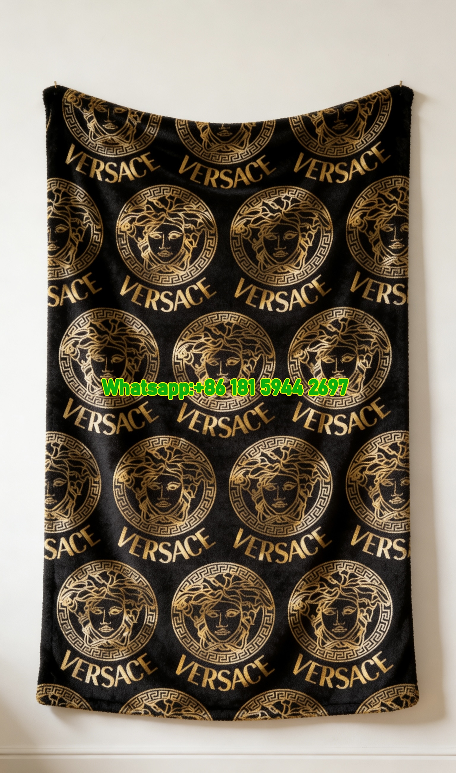 Versace Black and Gold Medusa Logo Allover Print Flannel Throw Blanket IMG_1478